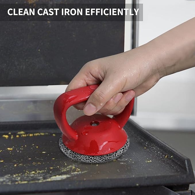 Cast Iron Cleaner Scrubber with Heavy Duty Handle, 3mm Welded Chain Mail Scrubber for Pan Pot Grill- Small Ring Chainmail Grill Scrubber Metal Scrub Sponge Skillet, Oven, Griddle, Wok Cleaning Brush