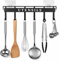 Kitchen Utensil Hanger Wall Mount Kitchen Utensil Holder Organizer Rack Rail with 6 Hooks Space Saving No Drilling Black Adhesive Wall Hooks for Hanging Cooking Utensils Set