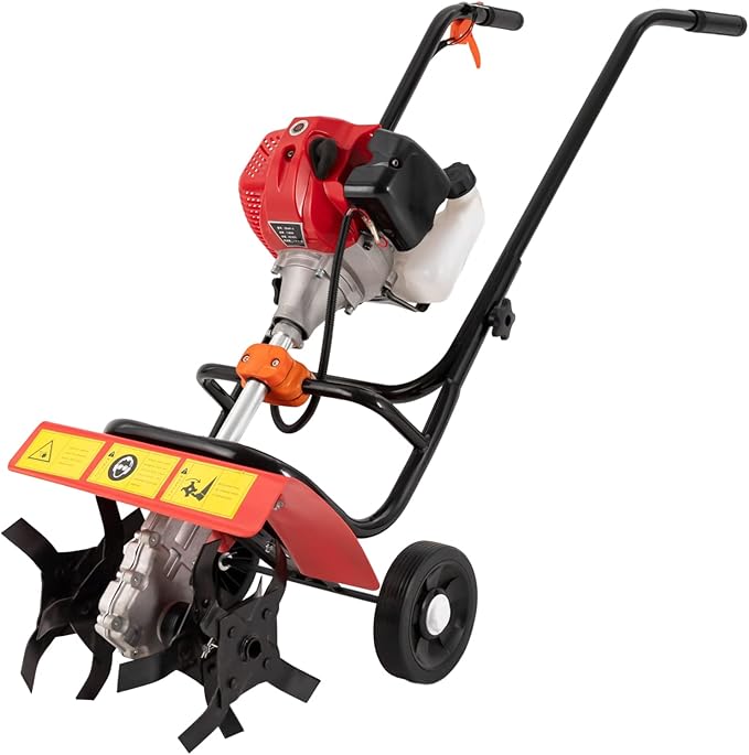 Gas Power Tiller Cultivator 52CC 2 Stroke, Gasoline Powered Garden Farmyard Tiller Air-Cooled Single Cylinder Gasoline Engine Tilling Tool, for Lawn, Field and Home