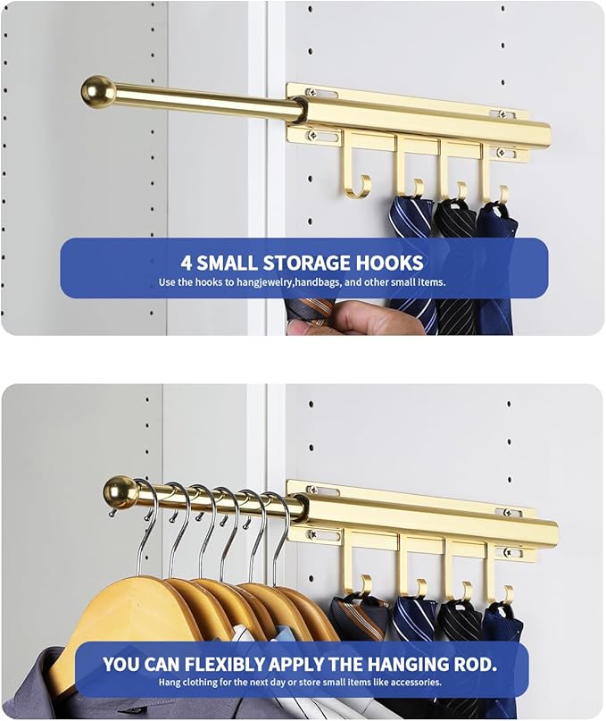 BaiNong 12" Valet Rod for Closet Pull Out With 4 Hooks Valet Rods for Closets (2Pack Gold) Closet Valet Rod Slide Out