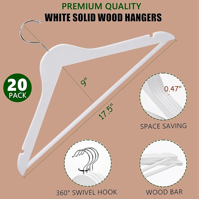 Amber Home 20 Pack White Wooden Coat Hangers, White Wood Suit Hangers with Non-Slip Pant Bar, Clothes Hangers for Closet Organization, Shirts, Jackets, Dresses, and Pants (White, 20)