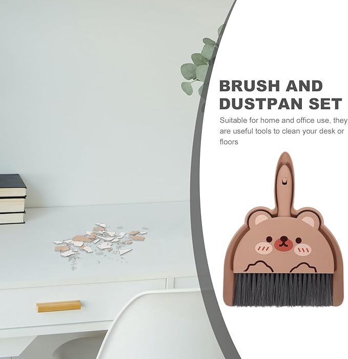 LOGOFUN Mini Dustpan and Brush Set Cartoon Small Broom and Dustpan with Bear Pattern for Home Office Desktop Cleaning Tool - Brown