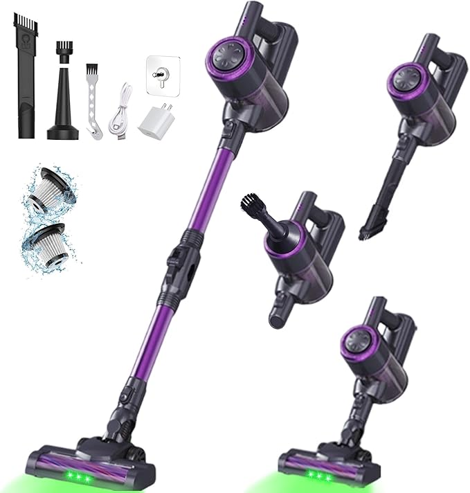 LAQVITA Cordless Vacuum Cleaner, Vacuum Cleaners for Home with 180° Bendable Wand | Green LED Light, Self-Standing, 1.5L Dust Cup, Washable HEPA Filter| Lightweight Stick Vacuum for Hardwood Floors