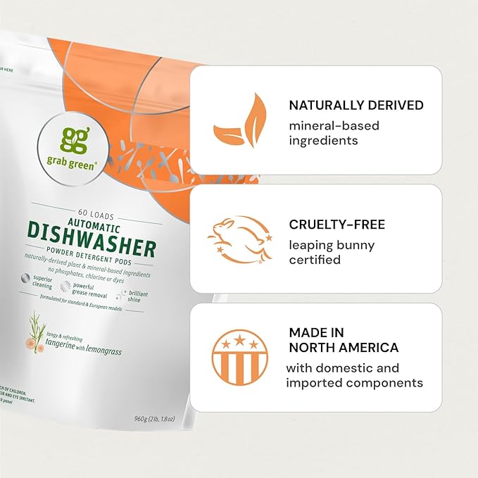 Grab Green Automatic Dishwashing Detergent Pods, 24 Count, Fragrance Free, Plant and Mineral Based, Superior Cleaning, Powerful Grease Removal, Brilliant Shine, Packaging May Vary