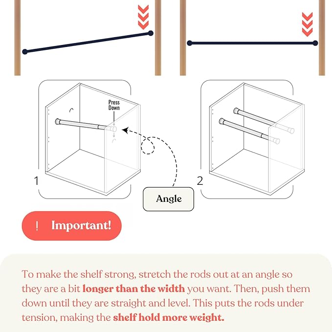 Home in Bold Tension Rod Shelving (17"-26.5" x 10") Expandable Closet Tension Shelf Storage Rack - No Drill Cabinet Tension Rod Shelf for Closet No-Slip