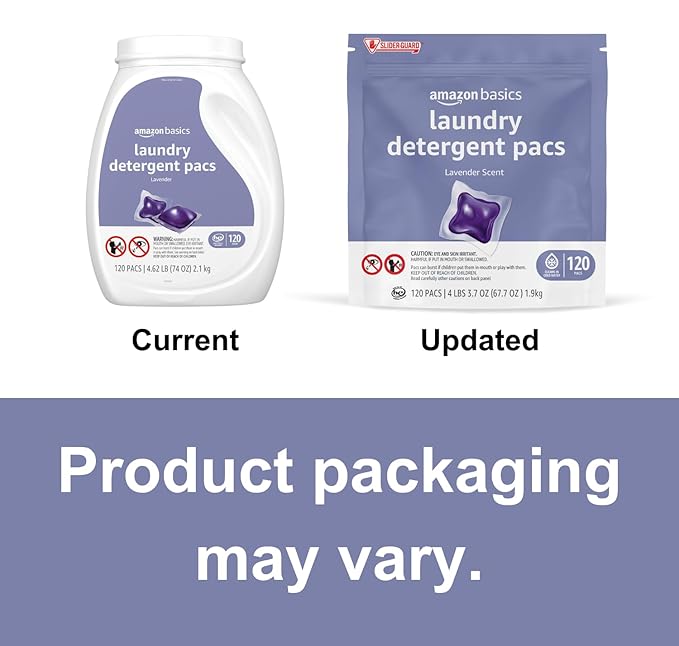 Amazon Basics Laundry Detergent Pacs, Lavender Scent, HE Compatible, Easy to Use Pre-Measured Pods, Clean Clothes, 120 Count (New Packaging)