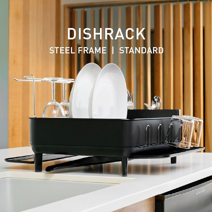 simplehuman Large Capacity Dish Drying Rack with Stainless Steel Frame, 360º Easy Drain Swivel Spout, Utensil & Wine Glass Holder, Anti-Residue Coating, Moisture Control Surface, Matte Black