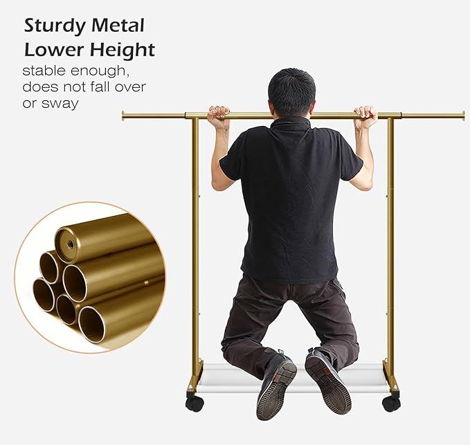 MISSLO Short Clothing Racks for Hanging Clothes with Bottom Shelves and Wheels Heavy Duty Rolling Clothes Rack Kids Clothing Rack for Adult Coat, Closet, Wardrobe (Gold)