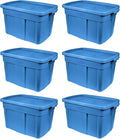Rubbermaid Roughneck Tote 18 Gal, 6 Pack, Made in USA, Heritage Blue, Rugged Plastic Stackable Storage Bins with Lids and Handles