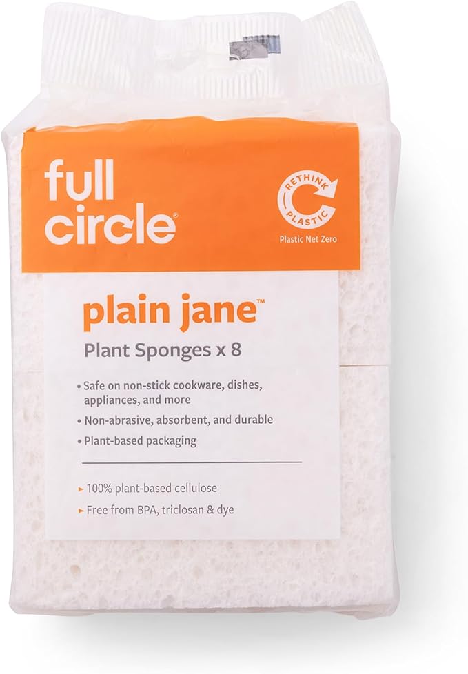 Full Circle Plain Jane, 100% Plant-Based Cellulose Sponges – Pack of 8 – Plastic-Free, Natural Sponge, No Microplastics, Safe for Nonstick Cookware