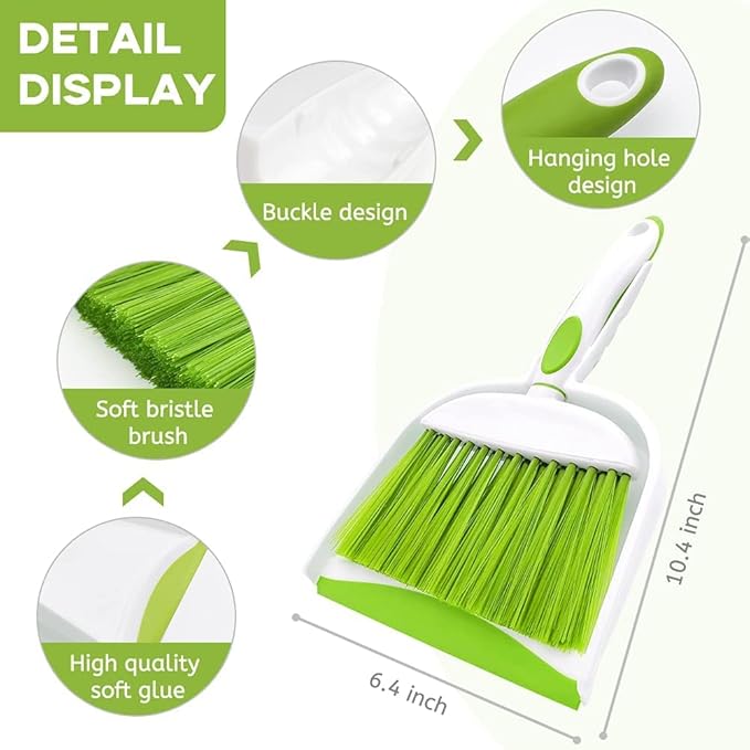 Dust pan, Mini Dustpan and Brush Set, Small Broom and Dustpan Set, Small Hand Broom and dust pan Set, Whisk Broom, Dust pan and Brush for Desk, Table, Home, Kitchen (Light Green 2pcs)