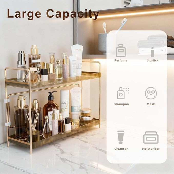 LEEDA 2 Tier Bathroom Counter Shelves, Countertop Shelf Organizer for Bathroom & Vanity, Skincare Organizers Rack,Countertop Organizer for Makeup, Lotion, Kitchen Corner & Dresser Storage(Gold)
