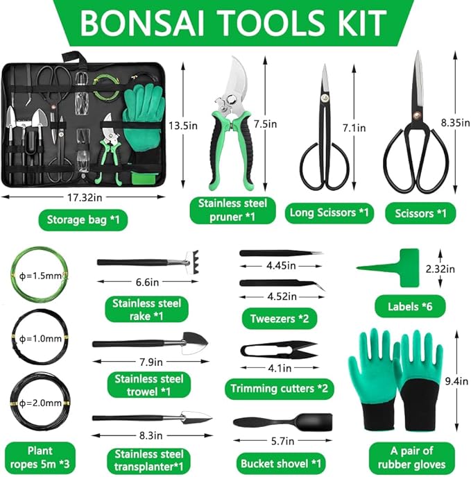 Bonsai Tools Set, 21 Pcs Bonsai Tool Kit for Beginners, Bonsai Pruning Kit, Bonsai Scissors, Pruning Shears, PU Leather Bag, Gardening Gift for Women Parents