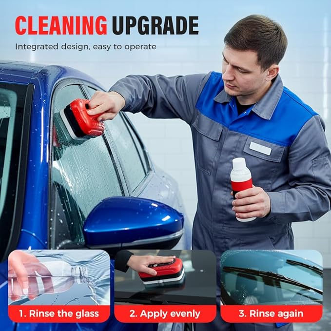 Automotive Oil Film Cleaning Brush,Antifog & Rainproof Glass Cleaning Board for Car Windows,Car Glass Oil Film Remover with Refill,windshield cleaner tool For Improves Clarity (2)
