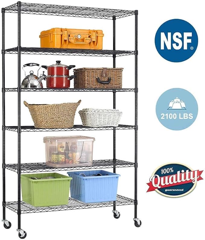 FDW | 6-Tier Wire Storage Shelves with Wheels | 45"x18"x82" | Black | Adjustable Racks | Heavy-Duty Metal Shelf, Holds Upto 2100 lbs | Tool-Free Assembly, Rust-Resistant | for Home & Garage Shelving