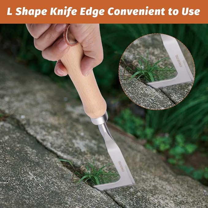 Crevice Weeder,Crevice Weeding Tool with Wood Handle,L-Shaped Weed Puller Tool,Efficient Manual Weeder Gardening Tool for Garden Lawn, Yard Patio Terrace,Side-Walk