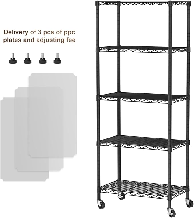 Golpart 5 Tier Shelves Storage Shelf Wire Closet Bathroom Organizers Metal Pantry Kitchen Garage Shelving Unit Laundry Room Organization Home Rack Net Basket Black with Wheels 14”D X 24”W X 61”H