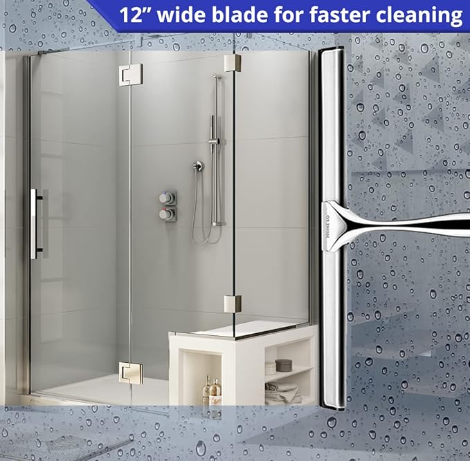 HOME SO Shower Squeegee for Glass Doors – Stainless Steel Squeegee with Adhesive Hooks - Window, Floor & Car Squeegee, Multi-Purpose Bathroom, Mirror & Tile Cleaner - Bathroom Essentials - Chrome 12"