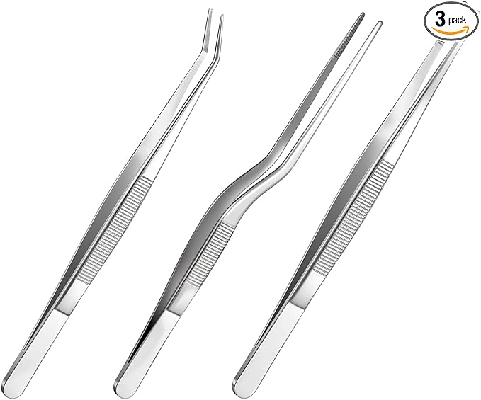 3PCS Long Tweezers for Plants, Multi-purpose Stainless Steel Tweezers Set for Crafts Tools, Small Gardening, Bonsai and Kitchen Use (6.18inches/6.5inches/6.5inches)
