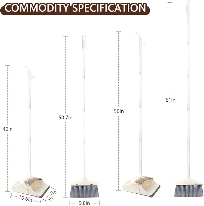 Broom and Dustpan Set for Clean - Broom with Dustpan Combo Set, 61" Dustpans Long Handle, Dust Pan with Handle, Kitchen Dust Pan and Brush for Indoor Outdoor Room Office Use.