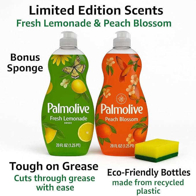 Palmolive Ultra Dish Soap Bundle - Limited Edition Scents: Fresh Lemonade & Peach Blossom 20 oz (2-Pack) + Bonus Sponge