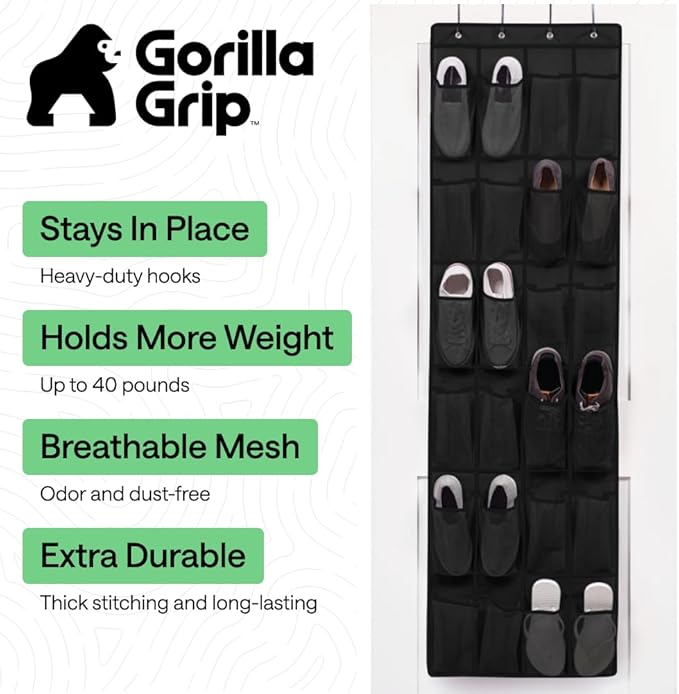GORILLA GRIP Over the Door Shoe Organizer, 24 Large Breathable Mesh Pockets, Space Saving Hanging Storage Holder, Closet Rack Hanger Holds Up to 40 lbs, Hangs on Closets for Shoes, Accessories, Black