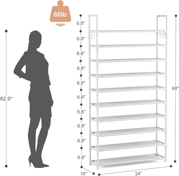 VTRIN 10 Tiers Shoe Rack Tall Large Capacity Wide Shoe Organizer Sturdy Shoe Shelf for Entryway with Two Hooks Metal Shoe Storage for Closet, Bedroom, White