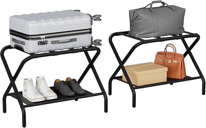 Smuxee Black Luggage Rack Pack of 2, Foldable Suitcase Stand with Fabric Storage Shelf, Luggage Holder with 4 Nylon Straps for Guest Room Bedroom Hotel