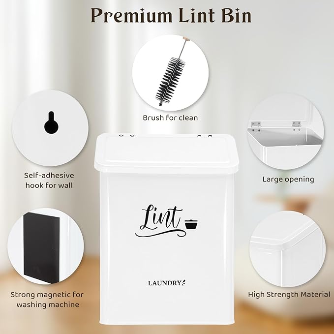 CINPIUK Magnetic Lint Bin for Laundry Room with Brush & Hook - Large Laundry Organizer and Storage, Wall Mounted Trash Can with Lid, Space-Saving Dryer Lint Holder Laundry Room Decor, White