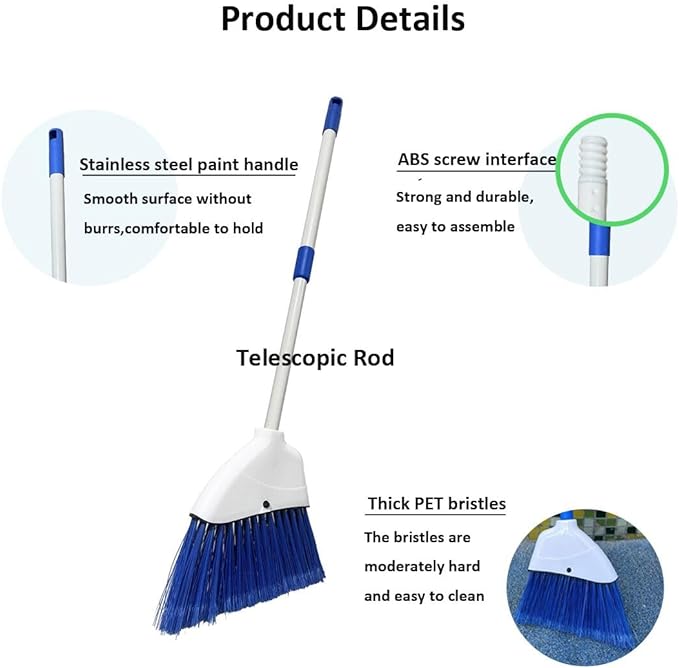 Small Broom - Indoor or Outdoor Portable Broom with Adjustable Handle, Cleaning Little Helper for Housekeeping, Office, Working Desk, and Pet Nest(White&Blue)