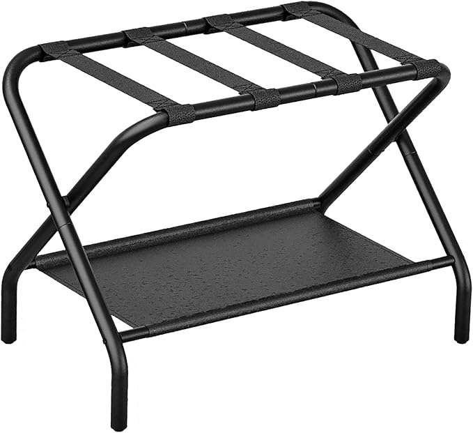 Smuxee Black Luggage Rack, Foldable Suitcase Stand with Fabric Storage Shelf, Luggage Holder with 4 Nylon Straps for Guest Room Bedroom Hotel
