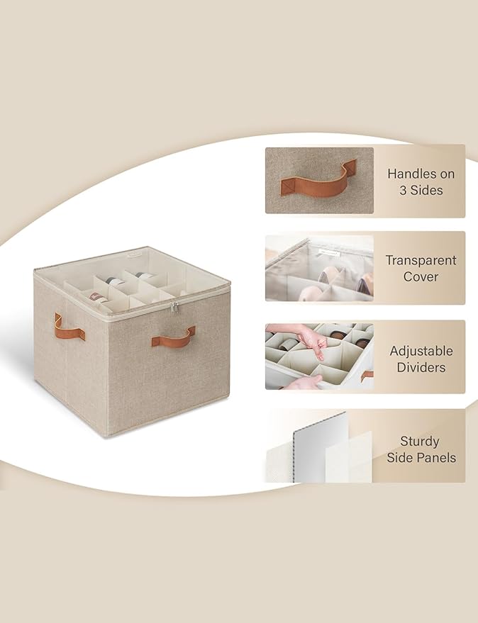 StorageWorks Shoe Organizer for Closet, Fits up to 16 Pairs, Shoe Cubby Storage Containers with Adjustable Dividers and Clear Cover, Taupe | Fits up to 16 Pairs, Clear Cover