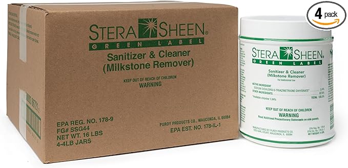 Stera Sheen 16lb Green Label Ice Machine & Ice Maker Cleaner + Sanitizer - Milkstone Remover & Descaler for Scotsman, Soft Serve Equipment, Food-Contact Surface - Restaurant-Grade - 4lb Jars, 4 Pack