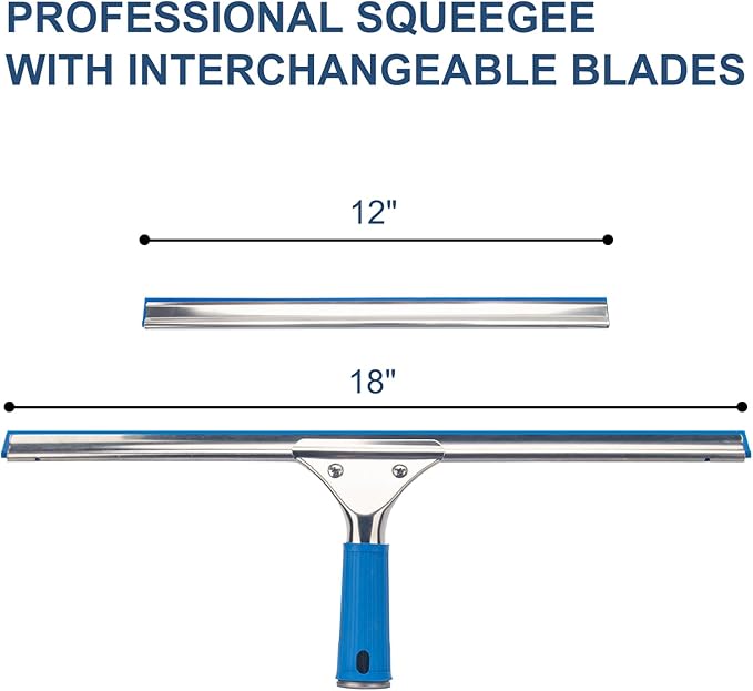 Professional Squeegee for Window Cleaning, 18” Stainless Steel Window Squeegee for Shower Glass Door, Includes 12” Replacement Rubber Blades