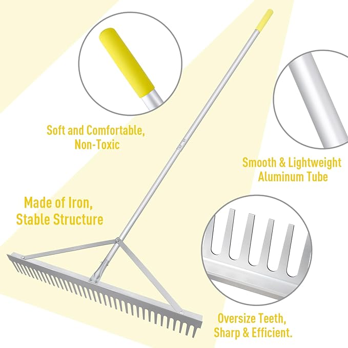 Landscape Rake 36'', Aluminum Rakes with Lightweight 69'' Handle, Landscaping Rake Tool for Lawn Care, Beach