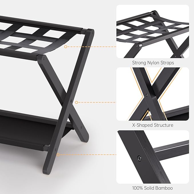 HITNET Luggage Rack for Guest Room, Pack of 2, Suitcase Stand Folding Bedroom, Bamboo Hotel Luggage Holder with Fabric Storage Shelf and Nylon Straps, Black