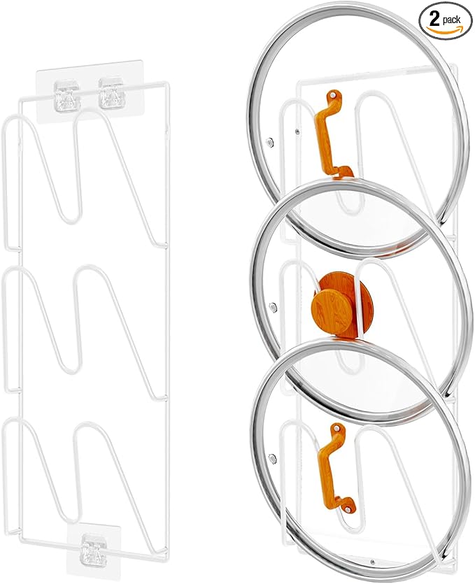 Durmmur 2 Pack Pot Lid Organizer Rack, 6-Tier Pot Lids Holder for Cabinet Door/Wall, No Drilling Adhesive Wall/Door Mounted Rustproof Pot and Pan Cover for Kitchen Storage, White