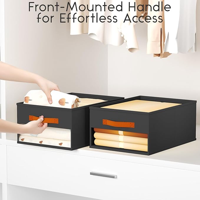 Homsorout Drawer Organizers and Storage - 10 Pack Foldable Pants Organizer with Clear Window & Handles, Fabric Closet Organizer for Clothes, Jeans, Sweaters, Towels, T-shirt, Scarf (Black)