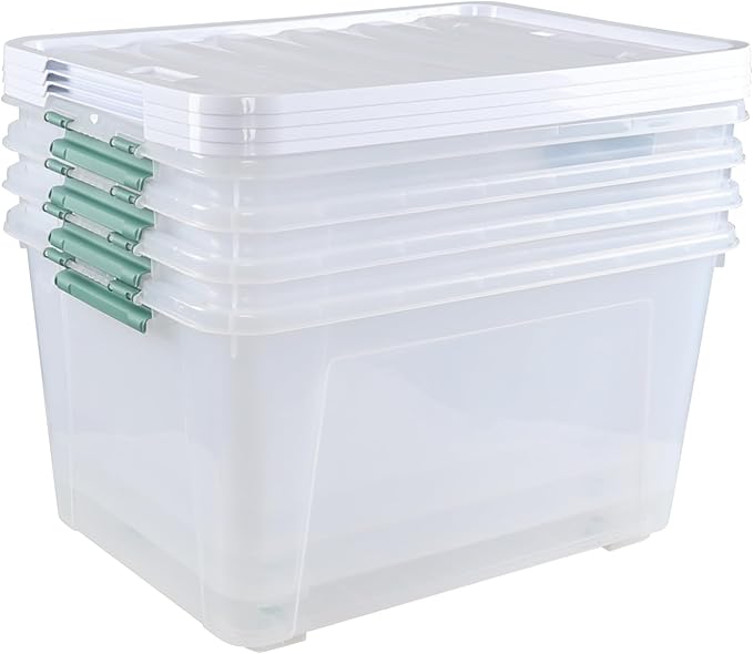80 L Large Plastic Storage Bins with Lids, 4 Pack Wheeled Clear Storage tote with Latch Handle