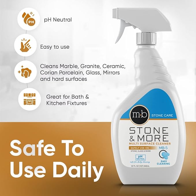 MB-5 Stone & More, All Purpose Cleaning Spray Kitchen Counter Cleaner Spray for Marble and Granite– No Streak Formula for Stone, Glass, Granite, Ceramic, Corian, Porcelain (32 oz)