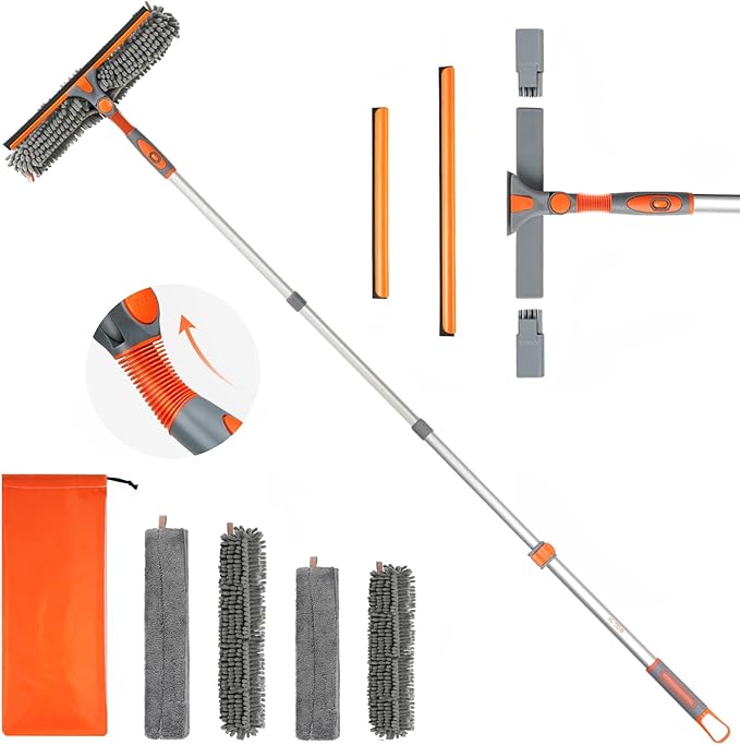Eazer 65'' Squeegee Window Cleaner 2 in 1 Rotatable Window Cleaning Tool Kit with Telescopic Pole, Window Washing Equipment with Bendable Head for Indoor/Outdoor Window and Car Glass