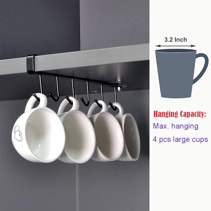 AliCH 2pcs Mug Hooks Under Cabinet Mug Holder Rack,Nail Free Adhesive Coffee Cups Holder Hanger for Cups/Kitchen Utensils/Ties Belts/Scarf/Keys Storage, Fit for 0.8inch Thickness Shelf or Less (Black)