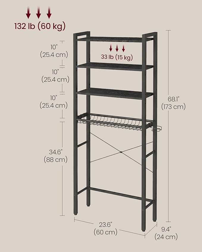 VASAGLE Over the Toilet Storage, Over Toilet Bathroom Organizer with Adjustable Shelves and Basket, 3 Hooks, Space Saving, 9.4 x 23.6 x 68.1 Inches, Ebony Black UBTS114BE01S