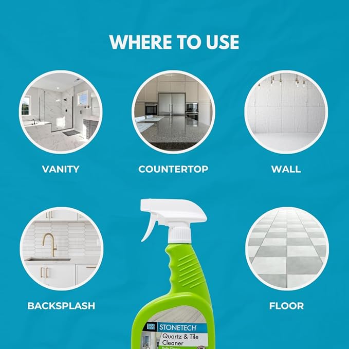 StoneTech Quartz & Tile Cleaner Spray – Quartz Countertop Cleaner for Engineered Stone, Ceramic & Porcelain – Removes Dirt & Spills – 2-Pack, 24oz Each + 2 Microfiber Cloths Fresh Scent