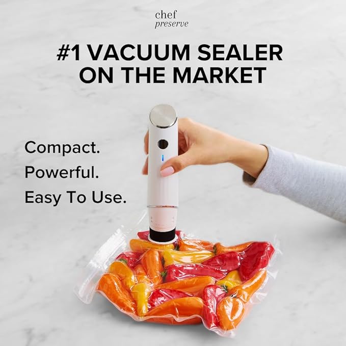 Chef Preserve Compact Vacuum Sealer for Food (Vacuum Sealer Machine + 20 Reusable Vacuum Bags) Powerful Handheld Vacuum Sealer Machine, Seal Meal Saver, Portable Food Sealer