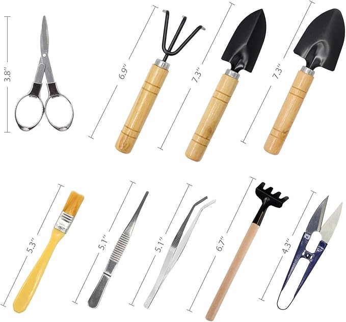 Bonsai Set 10 PCS-Mini Gardening Tools Kit for Indoor Outdoor Bonzai Include Pruner, Fold Scissors, Mini Rake, Tweezers, Cleaning Brush
