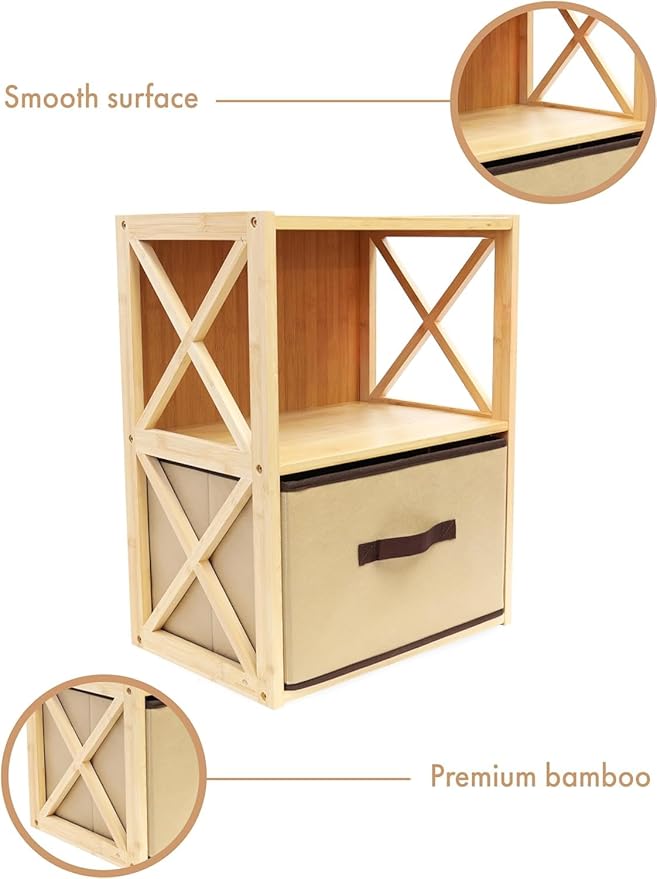 RoyalHouse 2-Tier Bamboo Storage Shelf with X-Design, Beige Fabric Drawer (2 Tier (11.5" D x 16.5" W x 21.5" H))