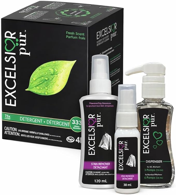 Excelsior Pür | 7.5x Ultra-Concentrated HE Liquid Laundry Detergent + Stain Remover Kit, 4L / 333 Loads, Fresh Scent, Eco-Dispenser Pump Bottle, Odor Control