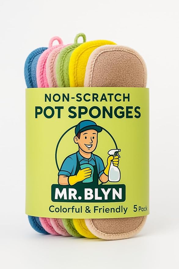 Mr. Blyn Non-Scratch Scrub Sponges for Kitchen – 5 Pack | 3X Durability Cleaning Pads | Colorful Reusable Sponge Set for Dishes, Pots & Household Use