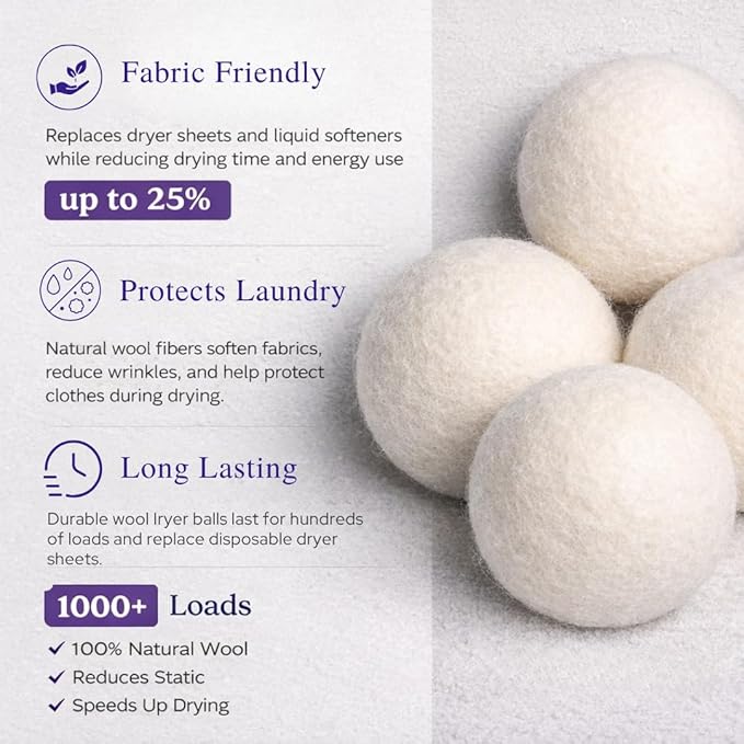 Wool Dryer Balls 6-Pack Set | Natural Fabric Softener Alternative | Reusable Laundry Balls | Eco Friendly Static Reduction